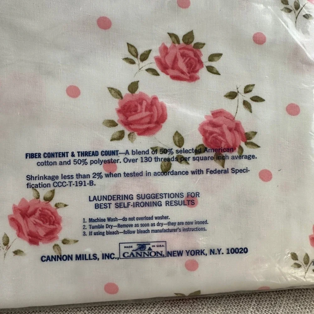 NEW Vintage Cannon No-Iron Muslin Full Flat & Fitted Sheet Set Rose Floral White